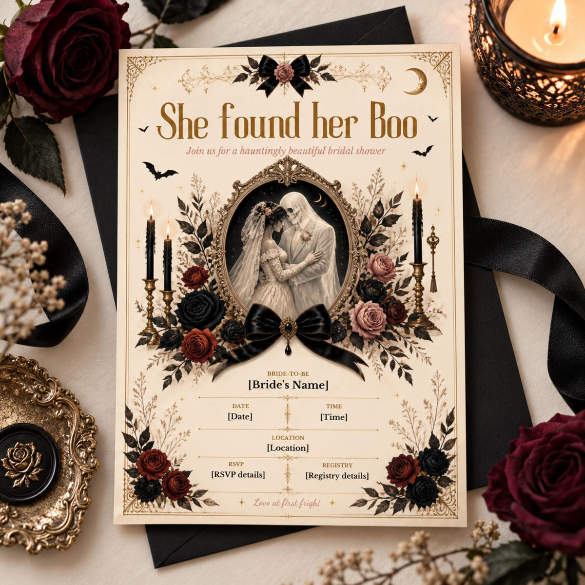 Editable bridal shower invitation paired with blush envelope, wax seal, pink ribbon, burgundy rose, and delicate florals.