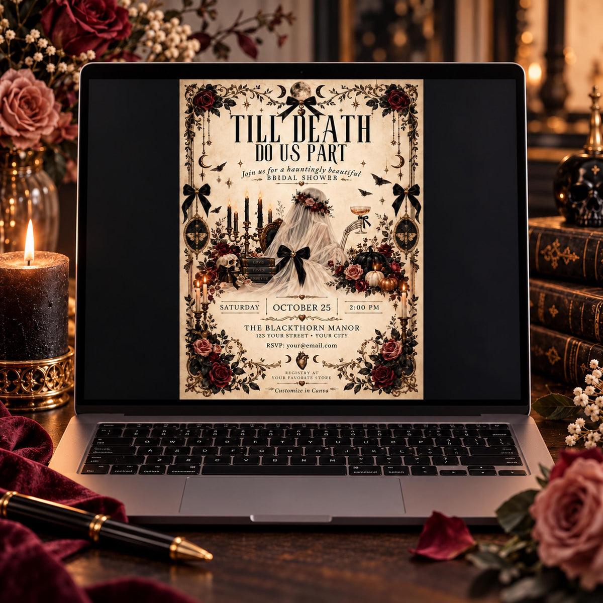 Till Death Do Us Part editable bridal shower invitation displayed on a laptop in a moody gothic workspace.