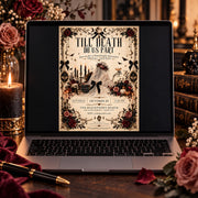 Till Death Do Us Part editable bridal shower invitation displayed on a laptop in a moody gothic workspace.