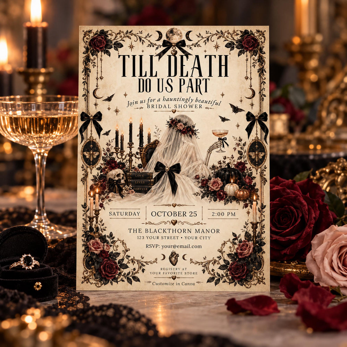 Till Death Do Us Part invitation styled with champagne glass, roses, candlelight, black lace, and bridal details.