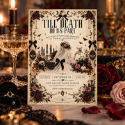 Till Death Do Us Part invitation styled with champagne glass, roses, candlelight, black lace, and bridal details.
