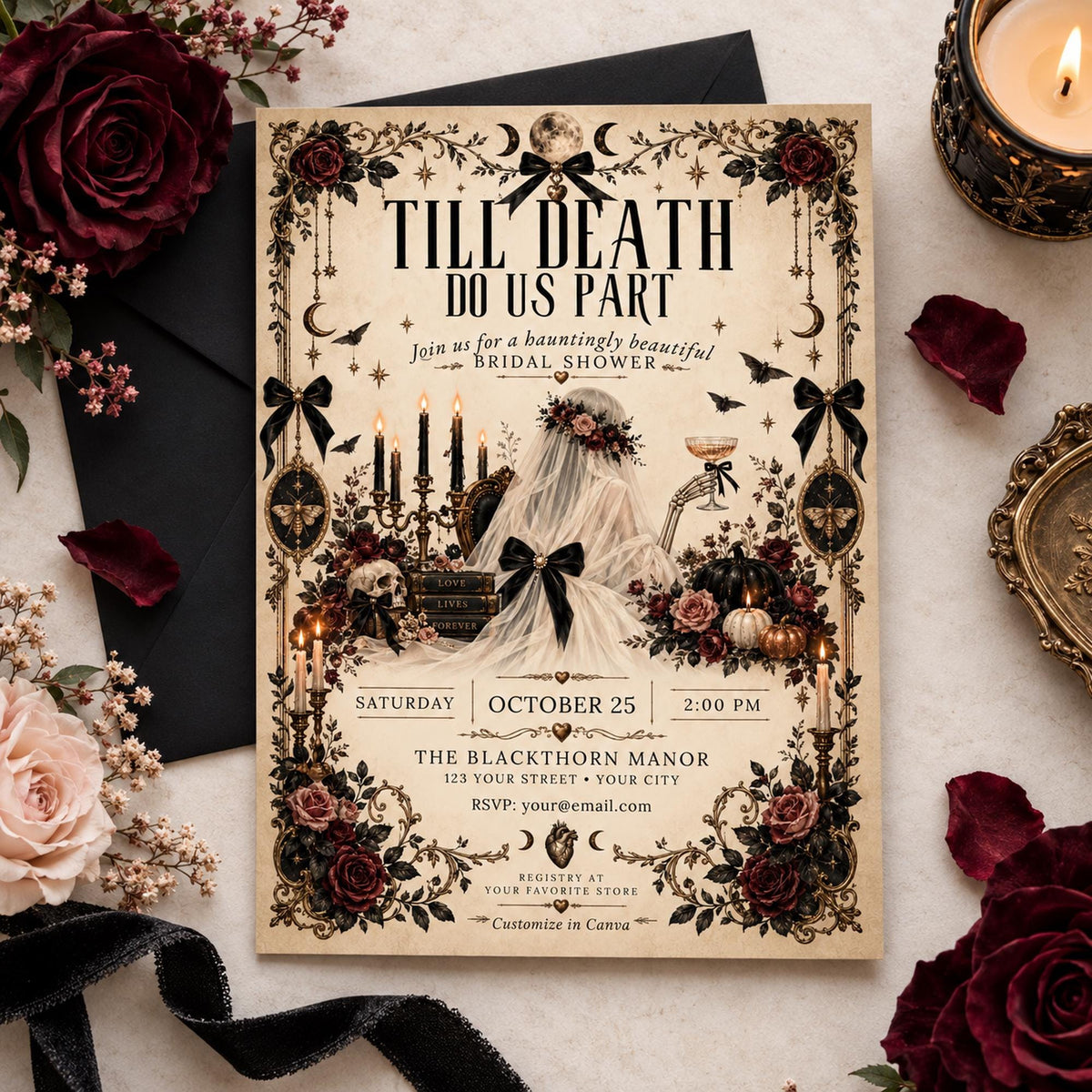 Till Death Do Us Part invitation styled with black envelope, burgundy rose, candlelight, and simple romantic accents.