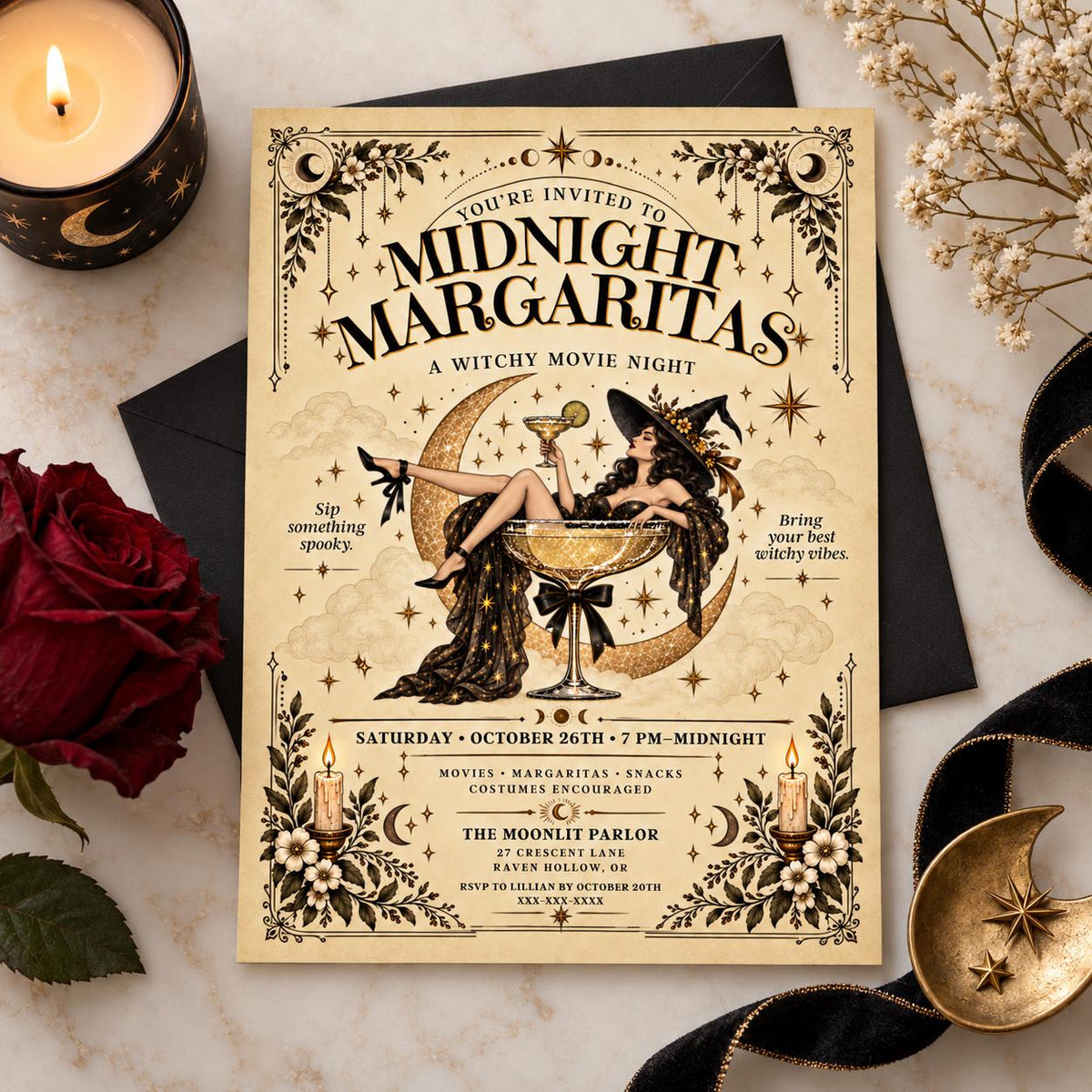 Flat lay mockup of Midnight Margaritas witchy movie night invitation with soft neutral styling and spooky party vibe.
