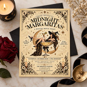 Flat lay mockup of Midnight Margaritas witchy movie night invitation with soft neutral styling and spooky party vibe.
