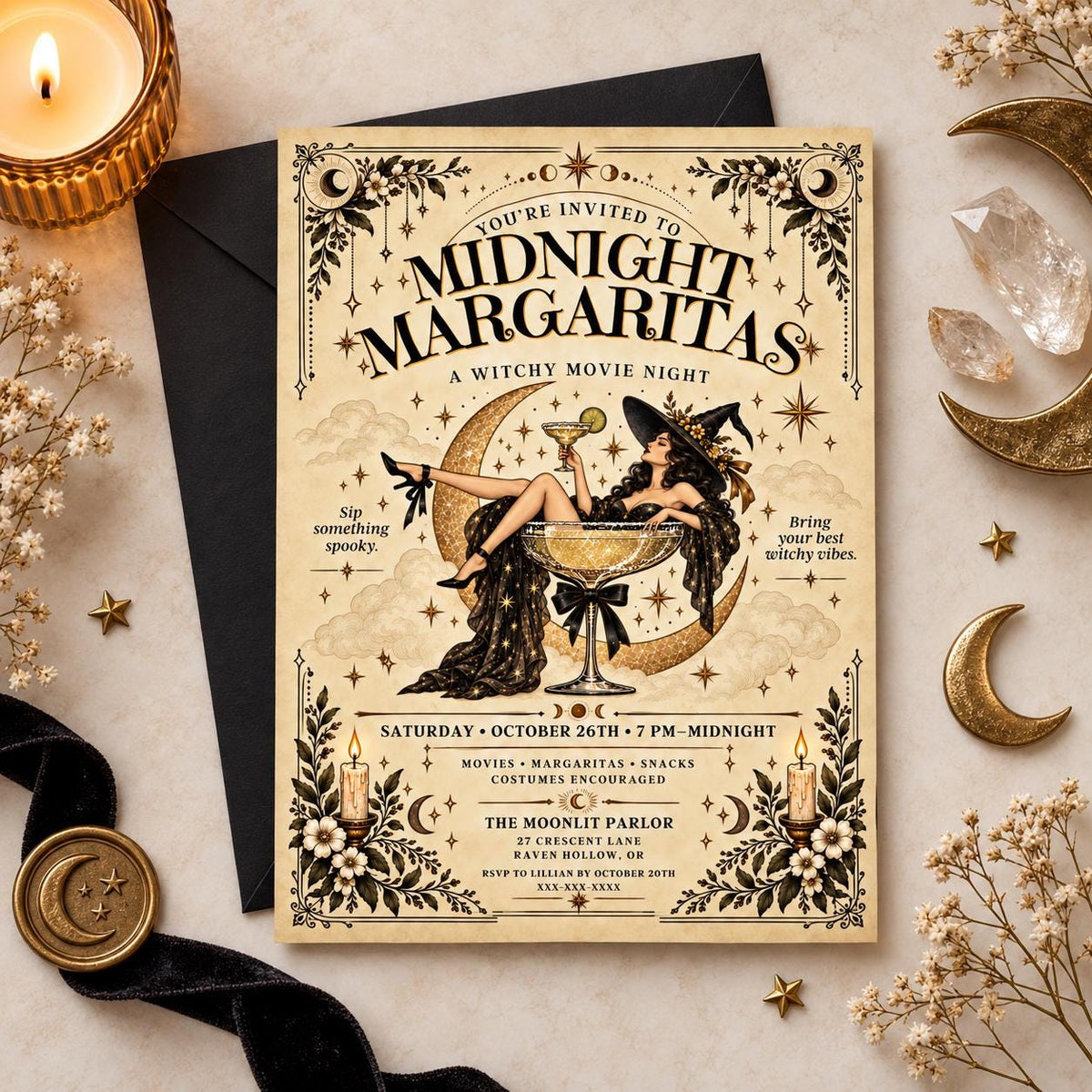 Styled mockup of Midnight Margaritas Halloween invitation with elegant witchy decor and vintage-inspired details.