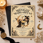 Styled mockup of Midnight Margaritas Halloween invitation with elegant witchy decor and vintage-inspired details.