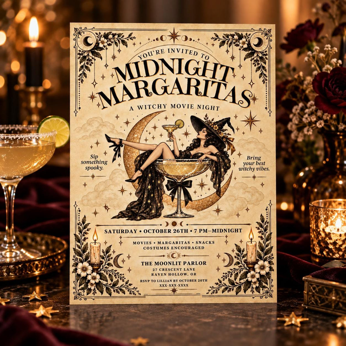 Romantic party display mockup featuring Midnight Margaritas editable invitation surrounded by candles and moody decor.