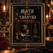 Death To My Twenties invitation displayed in an ornate gold frame with black candlelight, burgundy roses, and dark romantic decor.