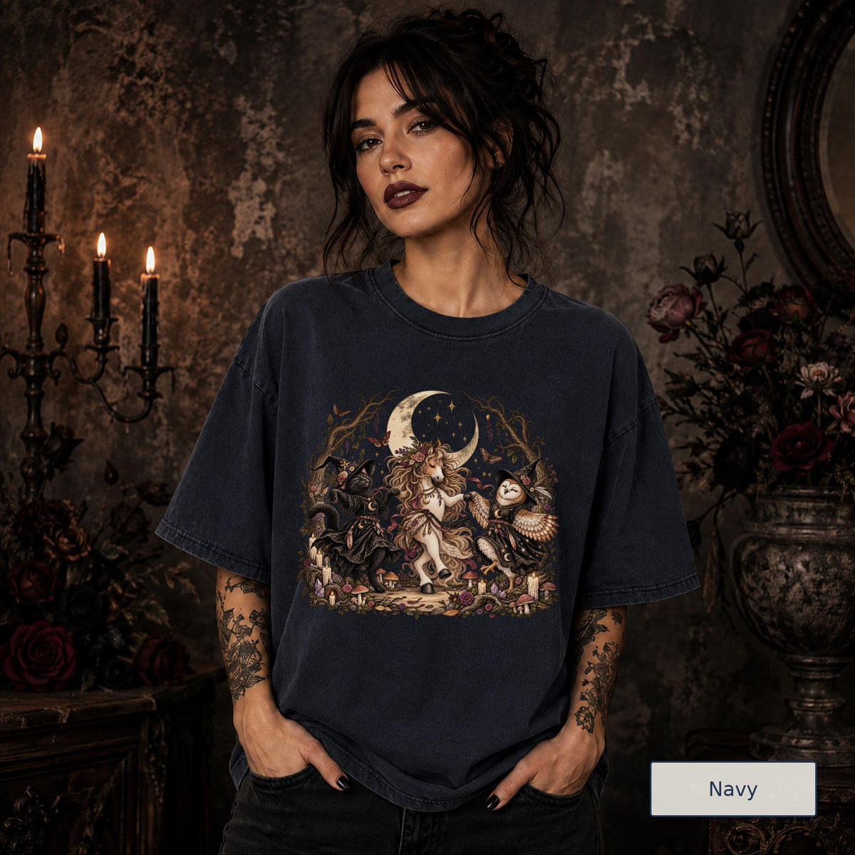 Gothic Unicorn Shirt, Witchy Owl Graphic Tee, Dark Cottagecore Top, Celestial Forest T Shirt, Mystical Animal Gift