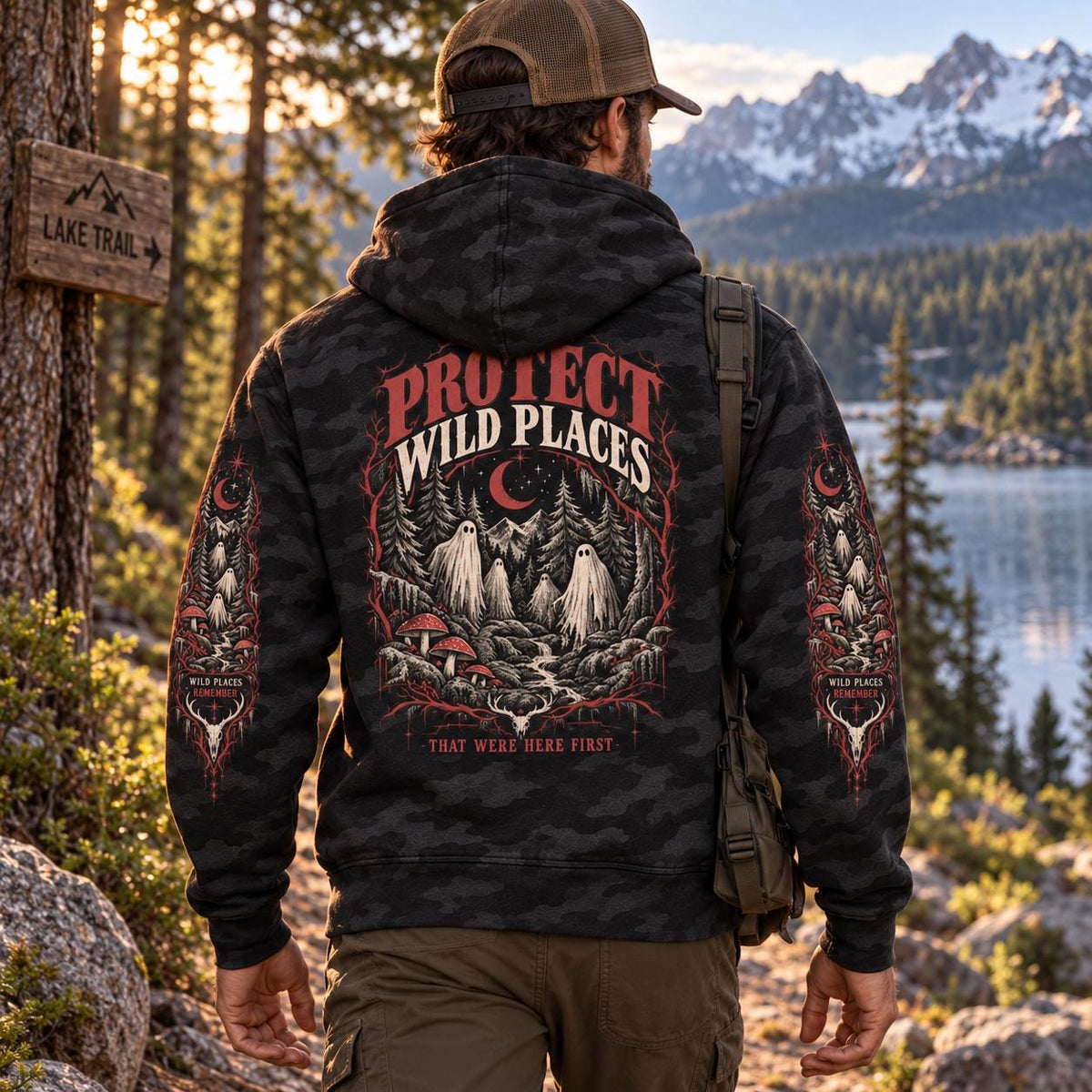 Back view of a man wearing a black camo Protect Wild Places hoodie on a mountain trail, showing the large back forest graphic and smaller matching sleeve designs.