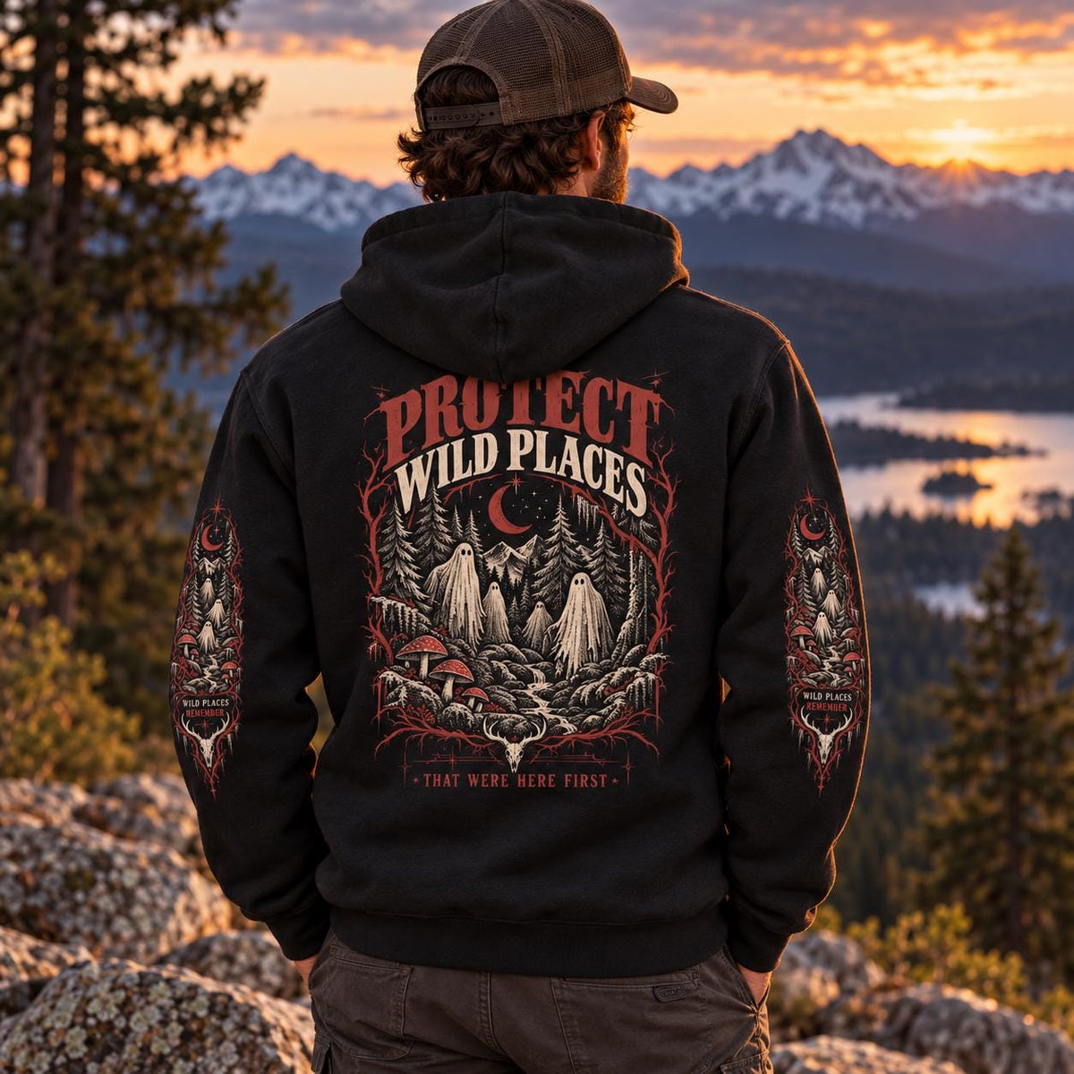 Back view of a man wearing a black Protect Wild Places hoodie at sunset in the mountains, showing the large back graphic with ghosts, trees, mushrooms, and moon details.