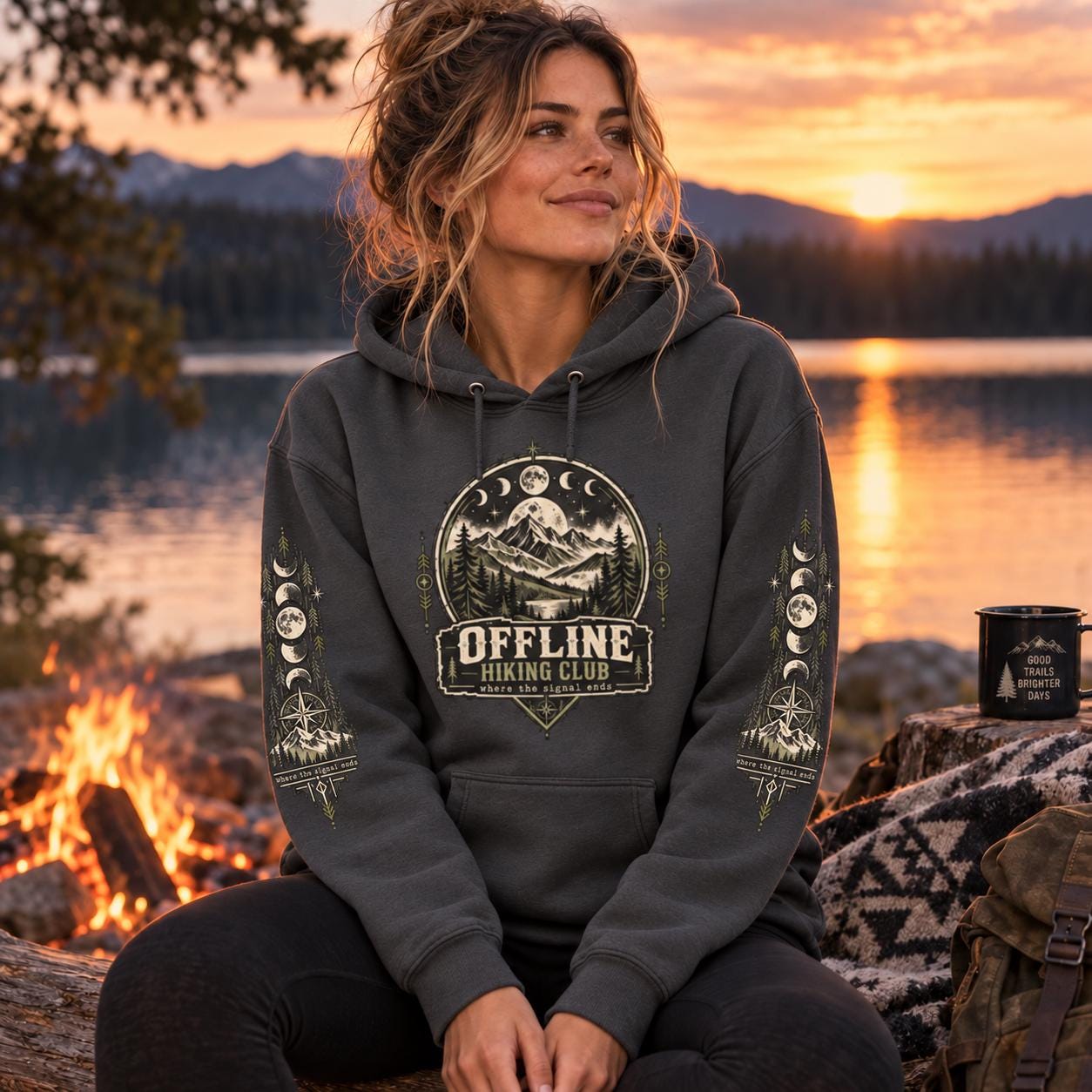 Woman wearing a charcoal Offline Hiking Club hoodie by a lake at sunset, featuring the front mountain graphic and matching moon phase sleeve artwork.