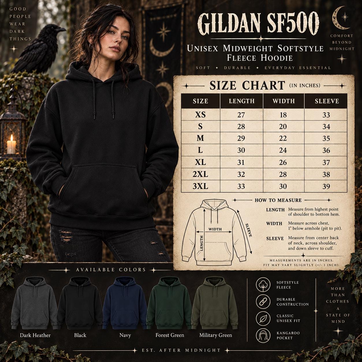 Gildan SF500 unisex midweight hoodie size chart showing measurements and fit information for available sizes.
