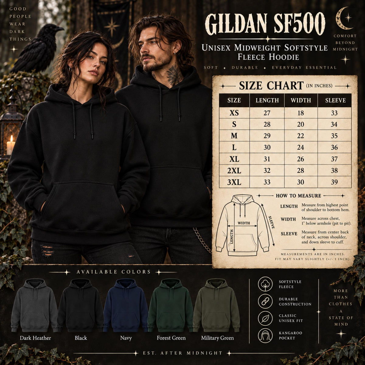 Gildan SF500 unisex midweight Softstyle fleece hoodie size chart showing XS–3XL measurements for length, width, and sleeve, with male and female models wearing black hoodies and available colors including Dark Heather, Black, Navy, Forest Green, and Military Green.