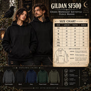 Gildan SF500 unisex midweight Softstyle fleece hoodie size chart showing XS–3XL measurements for length, width, and sleeve, with male and female models wearing black hoodies and available colors including Dark Heather, Black, Navy, Forest Green, and Military Green.