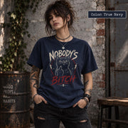 True Navy Comfort Colors 1717 tee with Nobody’s Bitch black cat graphic, cream and red distressed artwork, and edgy alternative fashion style.