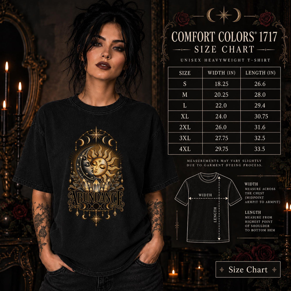 Size chart Female model wearing a black Comfort Colors 1717 shirt with a gold celestial Abundance design featuring sun and moon faces, crystals, stars, and moon phases.