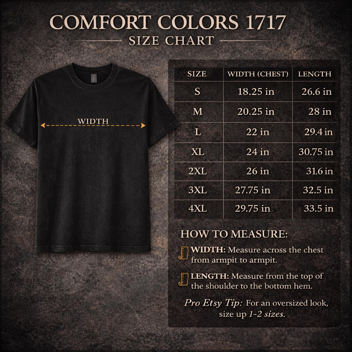Size Chart Comfort Colors 1717 tee featuring a colorful raccoon beneath a glowing moon with mushrooms and the phrase “I Put the Fun in Dysfunctional.”