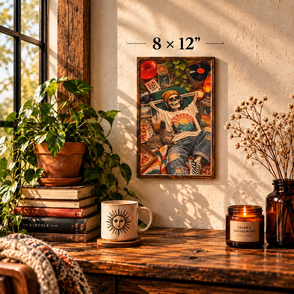 Framed 8 x 12 inch retro skeleton poster displayed in a cozy boho bedroom, featuring a skeleton wearing headphones surrounded by vinyl records, pizza, plants, vintage decor, and warm orange tones.
