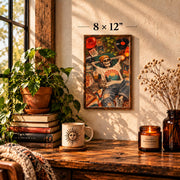 Framed 8 x 12 inch retro skeleton poster displayed in a cozy boho bedroom, featuring a skeleton wearing headphones surrounded by vinyl records, pizza, plants, vintage decor, and warm orange tones.