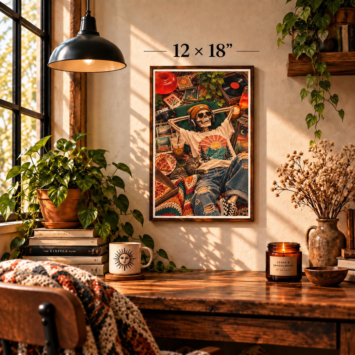Framed 12 x 18 inch retro skeleton poster displayed in a cozy boho bedroom, featuring a skeleton wearing headphones surrounded by vinyl records, pizza, plants, vintage decor, and warm orange tones.