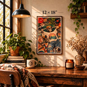 Framed 12 x 18 inch retro skeleton poster displayed in a cozy boho bedroom, featuring a skeleton wearing headphones surrounded by vinyl records, pizza, plants, vintage decor, and warm orange tones.
