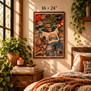 Framed 16 x 24 inch retro skeleton poster displayed in a cozy boho bedroom, featuring a skeleton wearing headphones surrounded by vinyl records, pizza, plants, vintage decor, and warm orange tones.