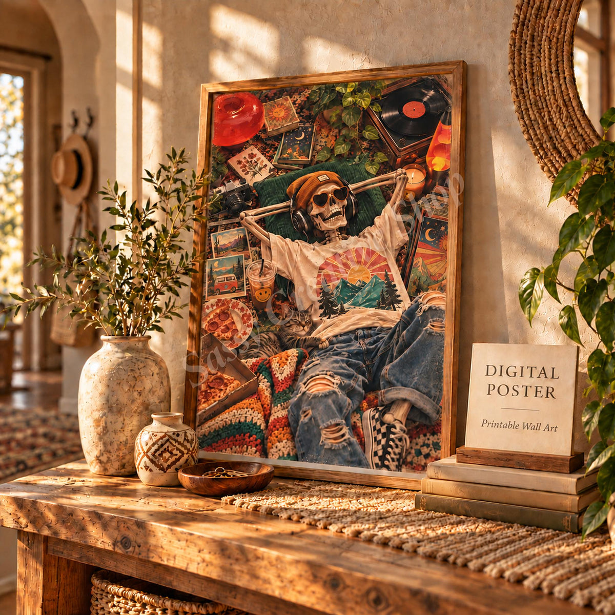 Skeleton music print displayed in a rustic room with candles, wood furniture, houseplants, and autumn-toned decor.