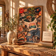 Skeleton music print displayed in a rustic room with candles, wood furniture, houseplants, and autumn-toned decor.