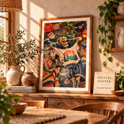 Framed skeleton art print styled on a console with plants, candles, books, and warm vintage interior decor.