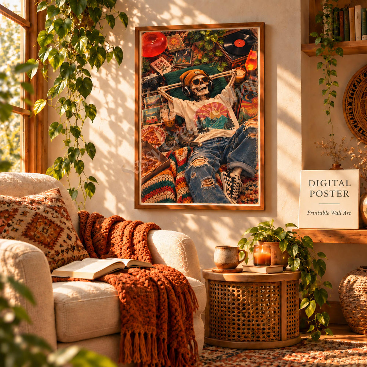 Retro wall poster featuring a lounging skeleton with headphones, vinyl records, pizza, and nostalgic 70s-inspired details.