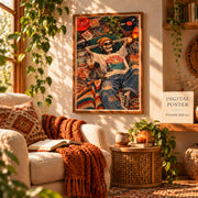 Retro wall poster featuring a lounging skeleton with headphones, vinyl records, pizza, and nostalgic 70s-inspired details.