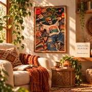 Retro wall poster featuring a lounging skeleton with headphones, vinyl records, pizza, and nostalgic 70s-inspired details.