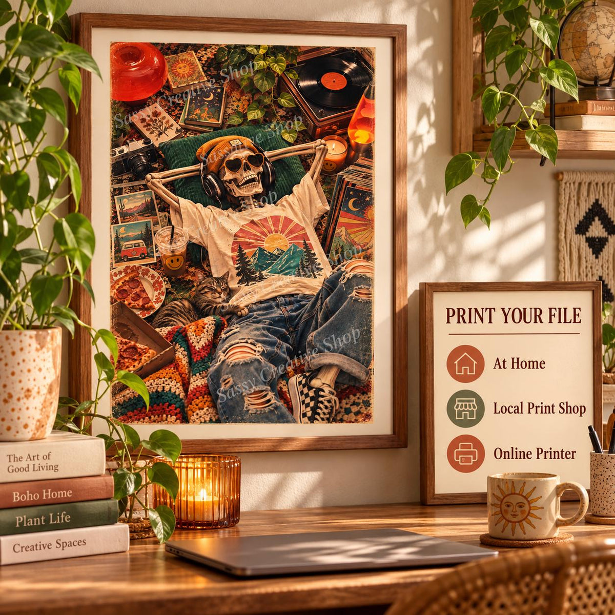 Boho skeleton poster displayed in a cozy bedroom scene with natural textures, greenery, and eclectic wall styling.