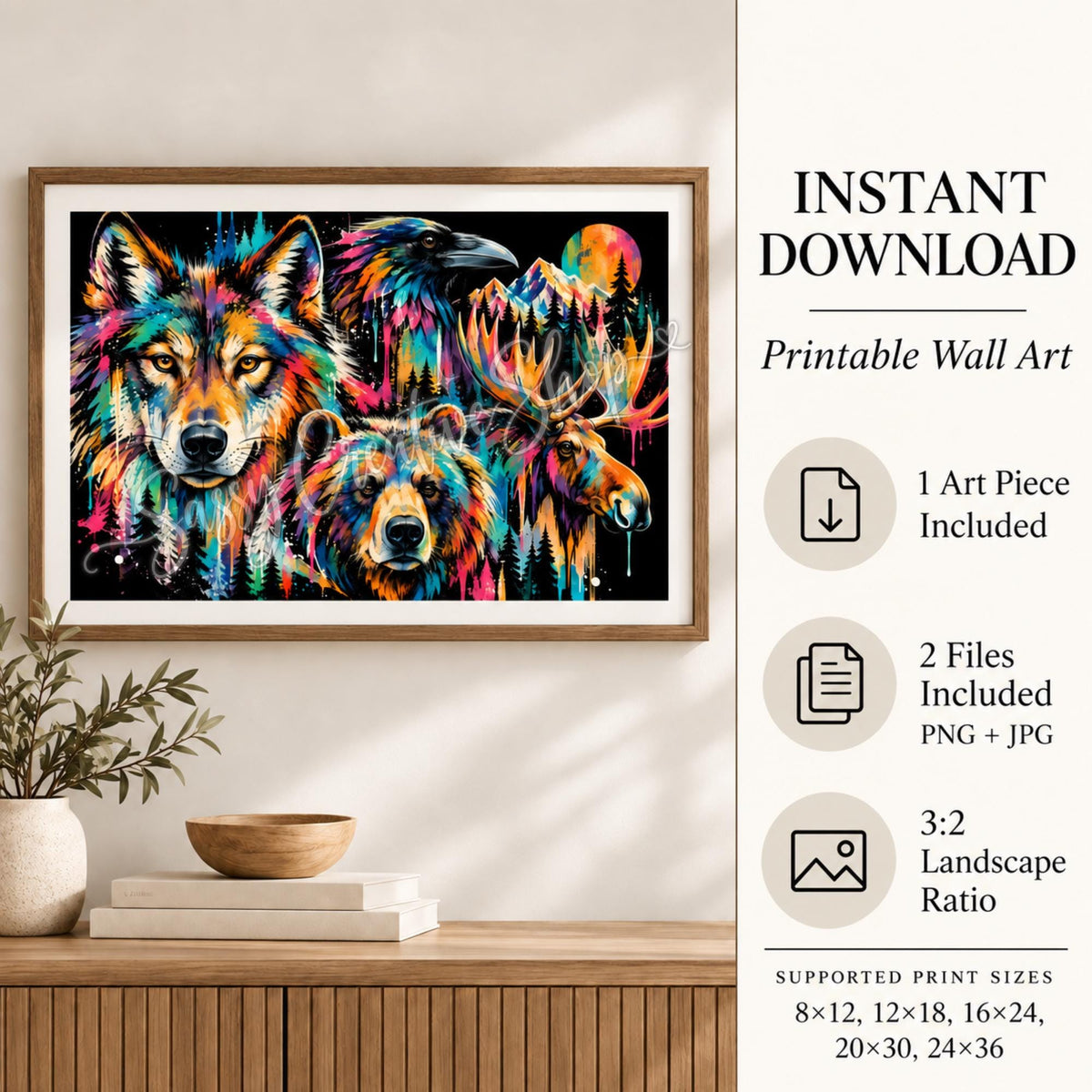 Instant download mockup showing the wildlife art with printable wall art details, PNG and JPG files, and 3:2 landscape ratio information.
