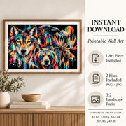 Instant download mockup showing the wildlife art with printable wall art details, PNG and JPG files, and 3:2 landscape ratio information.