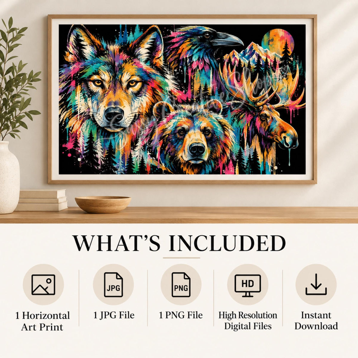 What’s included card showing one artwork supplied as high-resolution PNG and JPG files for printable landscape wall decor.