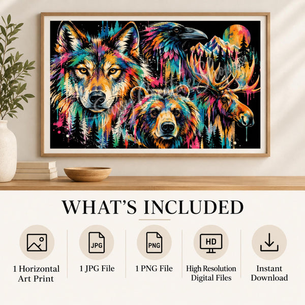 What’s included card showing one artwork supplied as high-resolution PNG and JPG files for printable landscape wall decor.