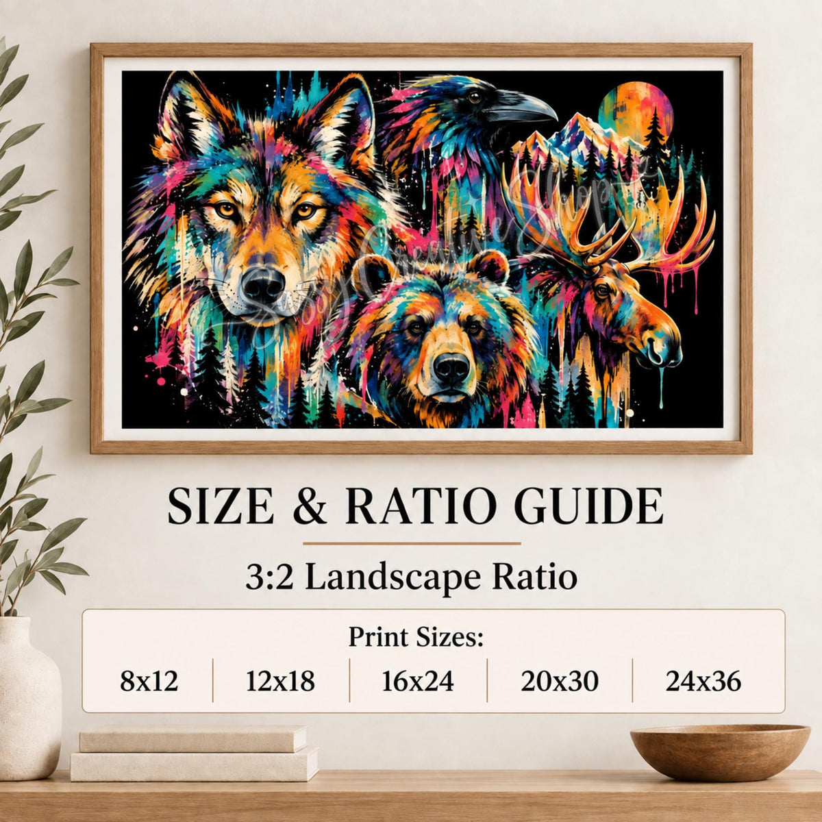 Size and ratio guide for the wildlife digital artwork showing supported 3:2 landscape print dimensions from 8x12 through 24x36 inches.