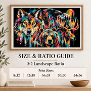 Size and ratio guide for the wildlife digital artwork showing supported 3:2 landscape print dimensions from 8x12 through 24x36 inches.