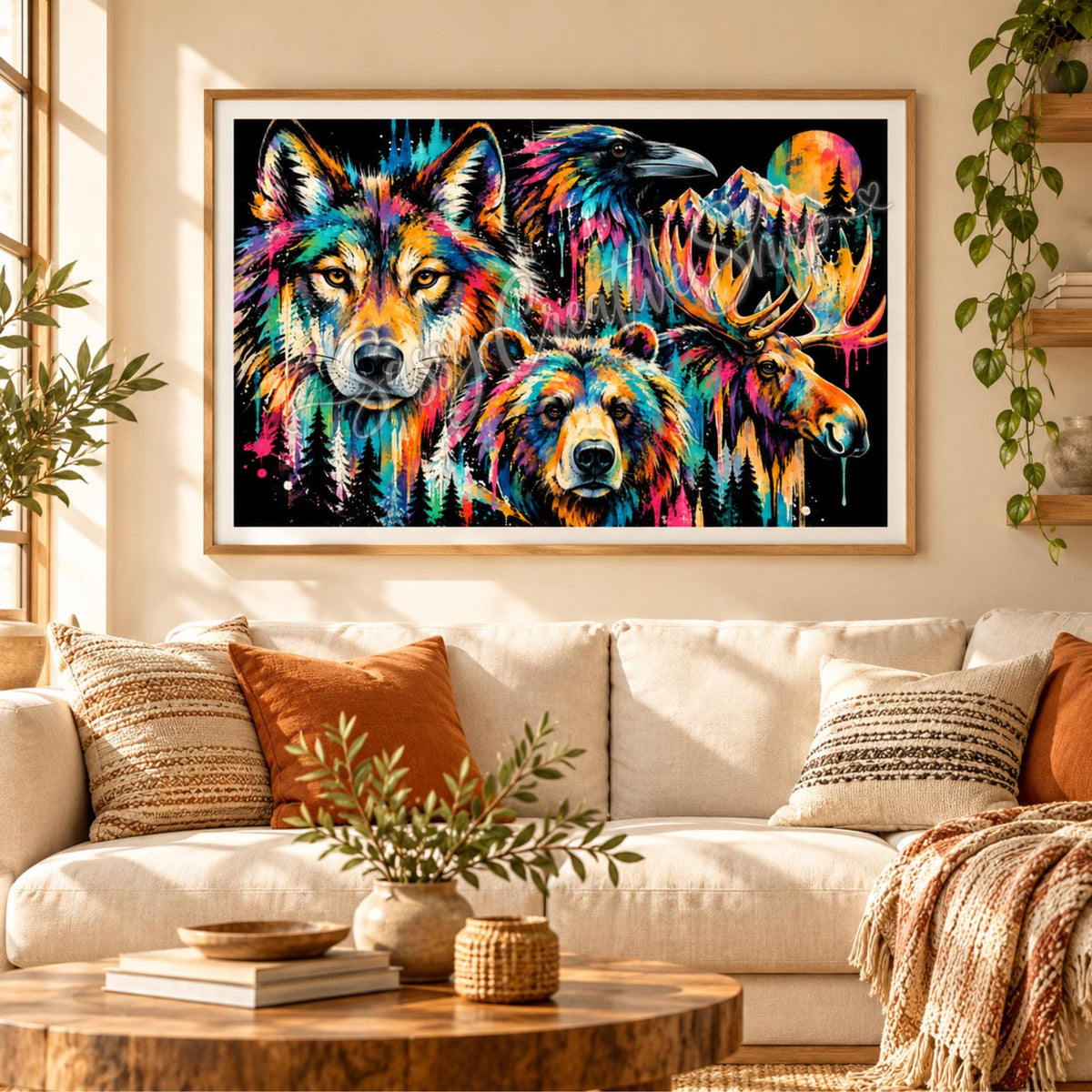 Framed wolf, bear, moose, and raven artwork styled in a warm living room with soft furnishings and natural decor.