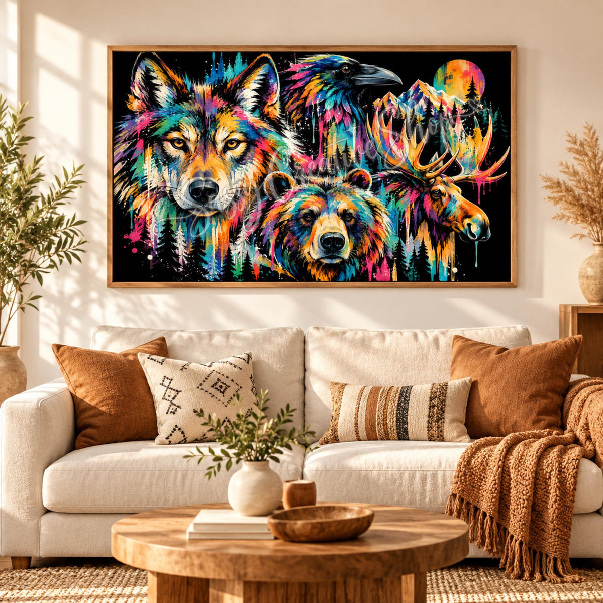 Colorful wilderness wall print displayed over a cozy couch, featuring layered forest animals, mountains, and bright abstract brushwork.
