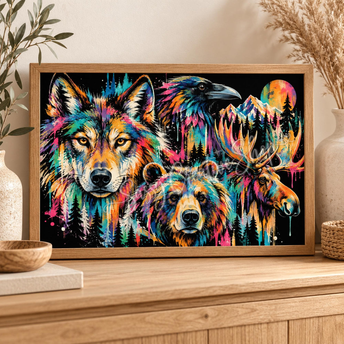 Wildlife Printable Wall Art, Wolf Bear Moose Raven Poster, Colorful Mountain Decor, 3:2 Digital Download