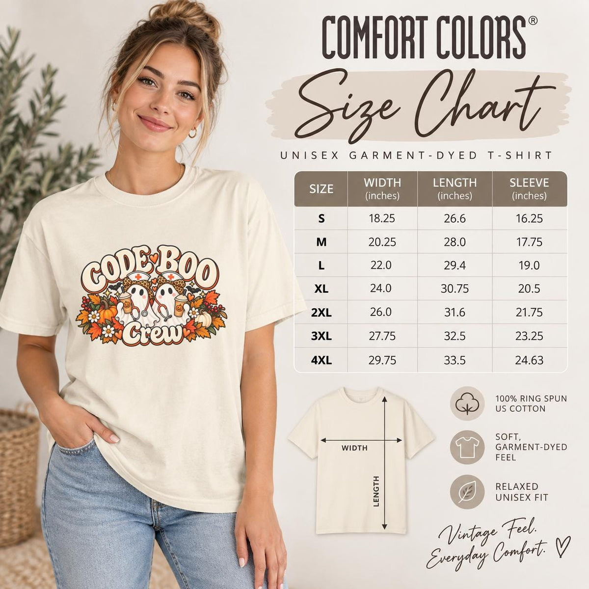 Comfort Colors size chart showing unisex T-shirt measurements, fit guidance, and sizing information for the Code Boo Crew nurse shirt.