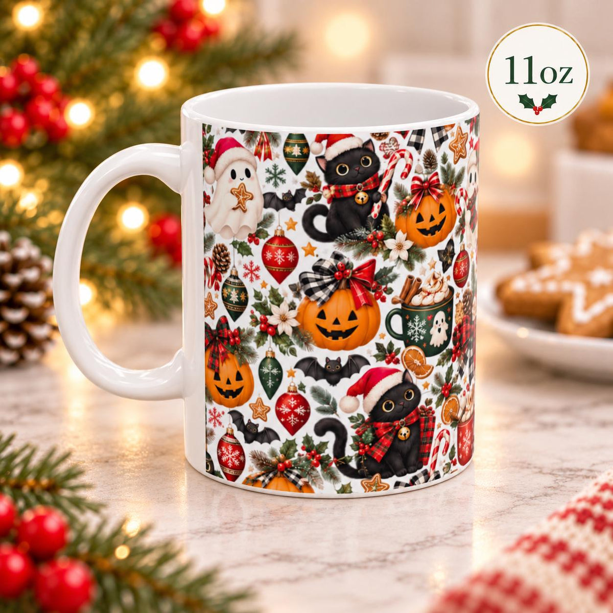 11 oz holiday mug shown from the side with colorful creepy-cute artwork including festive cats, Santa ghosts, bats, bows, and winter greenery.