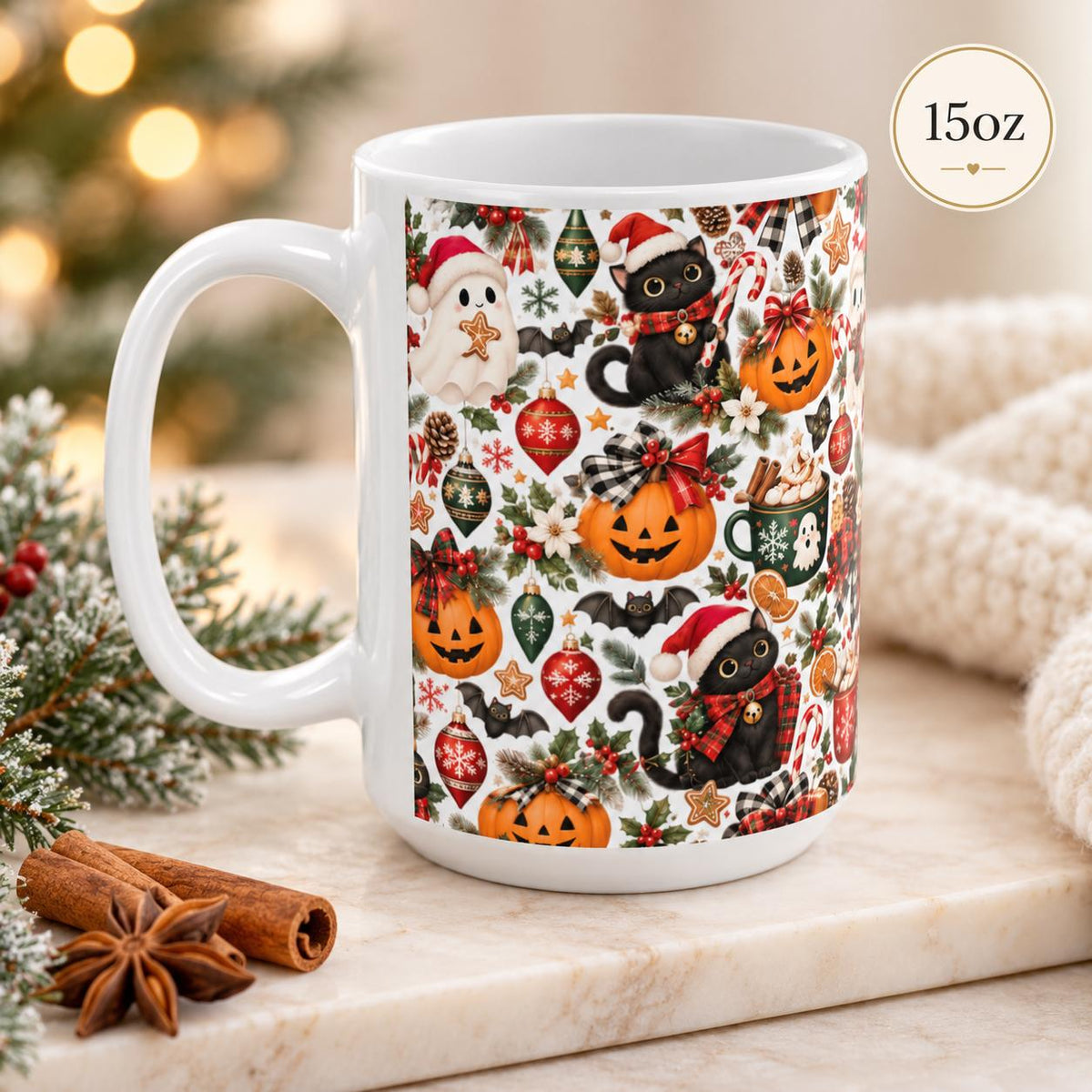 15 oz ceramic coffee cup displaying the full festive pattern with pumpkins, gingerbread cookies, winter greenery, bows, ornaments, and playful spooky accents.