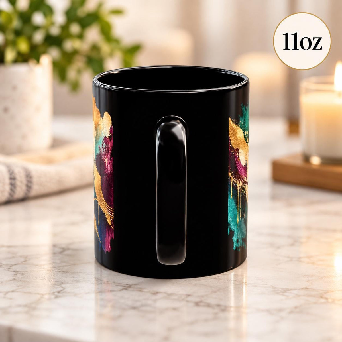 11 oz black mug shown from the back with the wraparound abstract artwork continuing across the glossy ceramic surface.