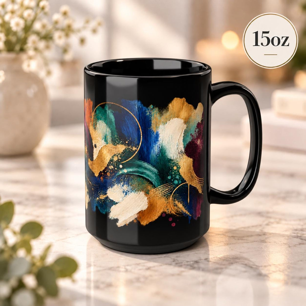 15 oz version featuring the same abstract composition with rich jewel tones, sweeping brushwork, and contemporary styling.