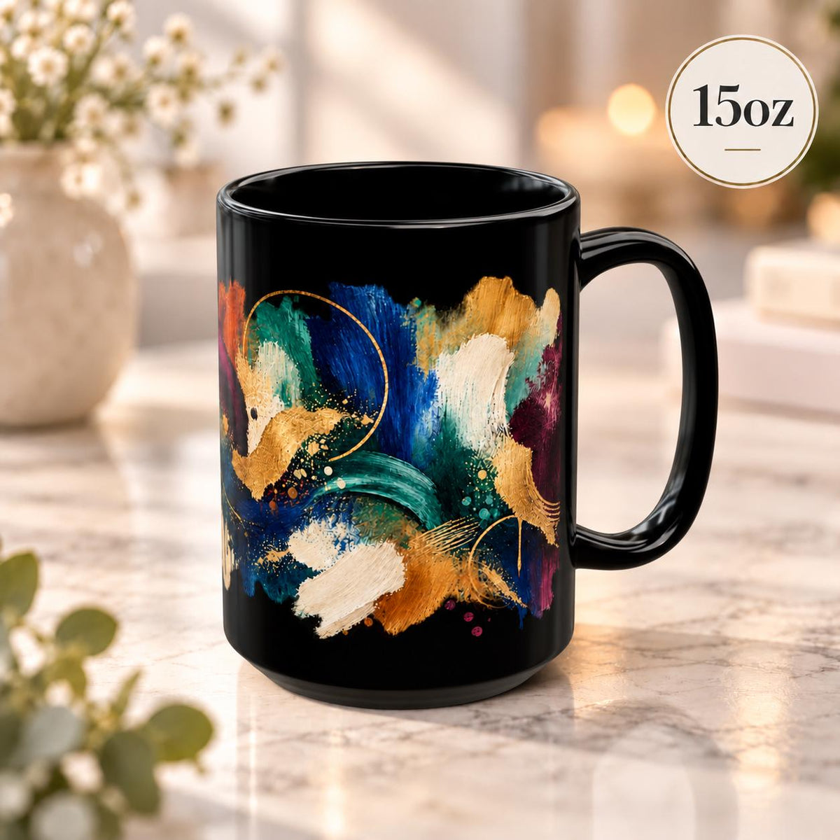15 oz mug shown from the back, displaying the continuation of the colorful artwork across the glossy black finish.