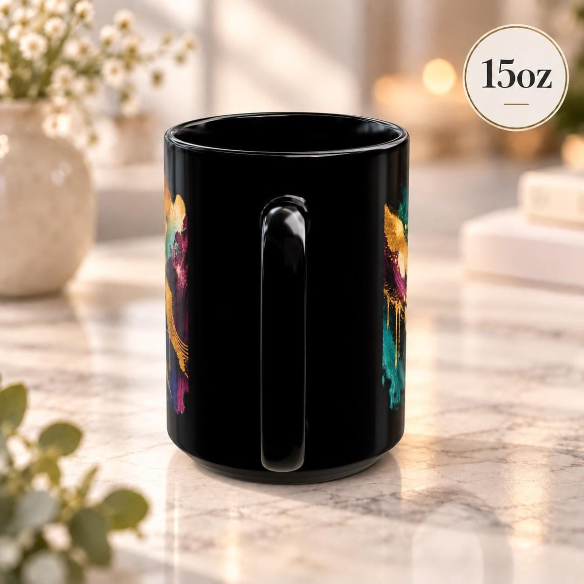 15 oz mug shown from the back, displaying the continuation of the colorful artwork across the glossy black finish showing the handle.